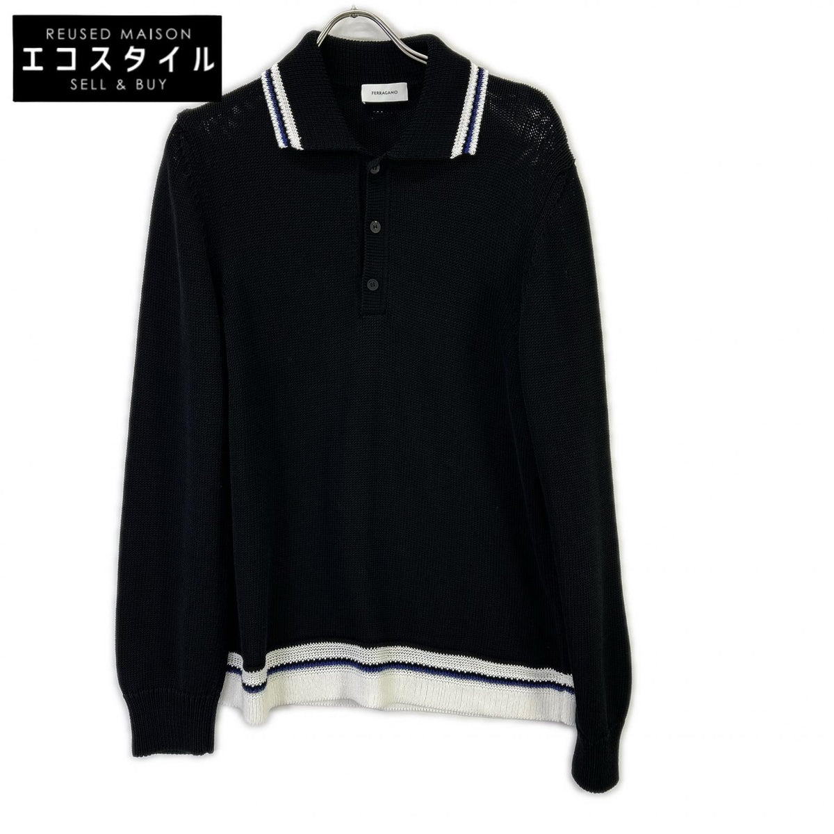 SalvatoreFerragamo サルバトーレフェラガモ 122377 775740 24SS ブラック コットン long-sleeve polo shirt プルオーバーニットポロシャツ トップス