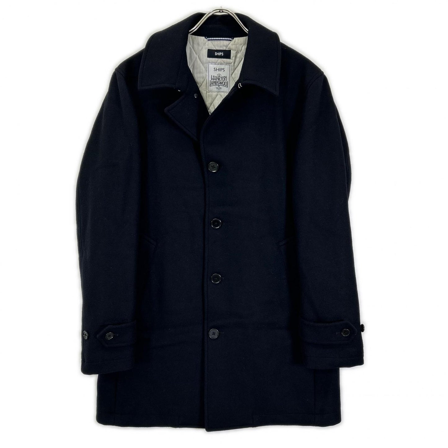 SHIPS シップス 114-45-0077 ネイビー HAMILTON LAMBSWOOL メルトン シングル ロング Pコート コート