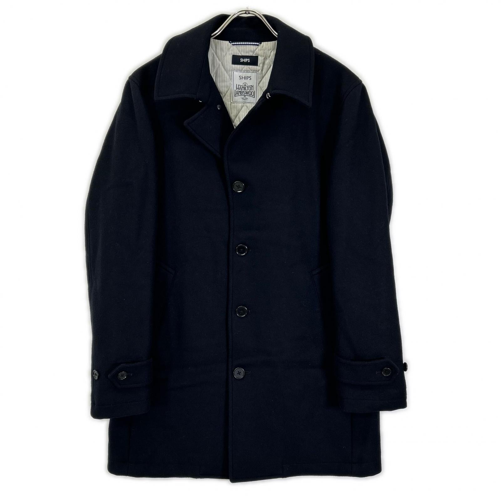 SHIPS シップス 114-45-0077 ネイビー HAMILTON LAMBSWOOL メルトン シングル ロング Pコート コート