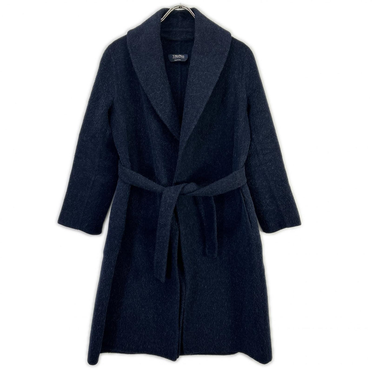 S MaxMara 90160163 Navy Wool Angora CUCITO A MANO Belted Coat Coat