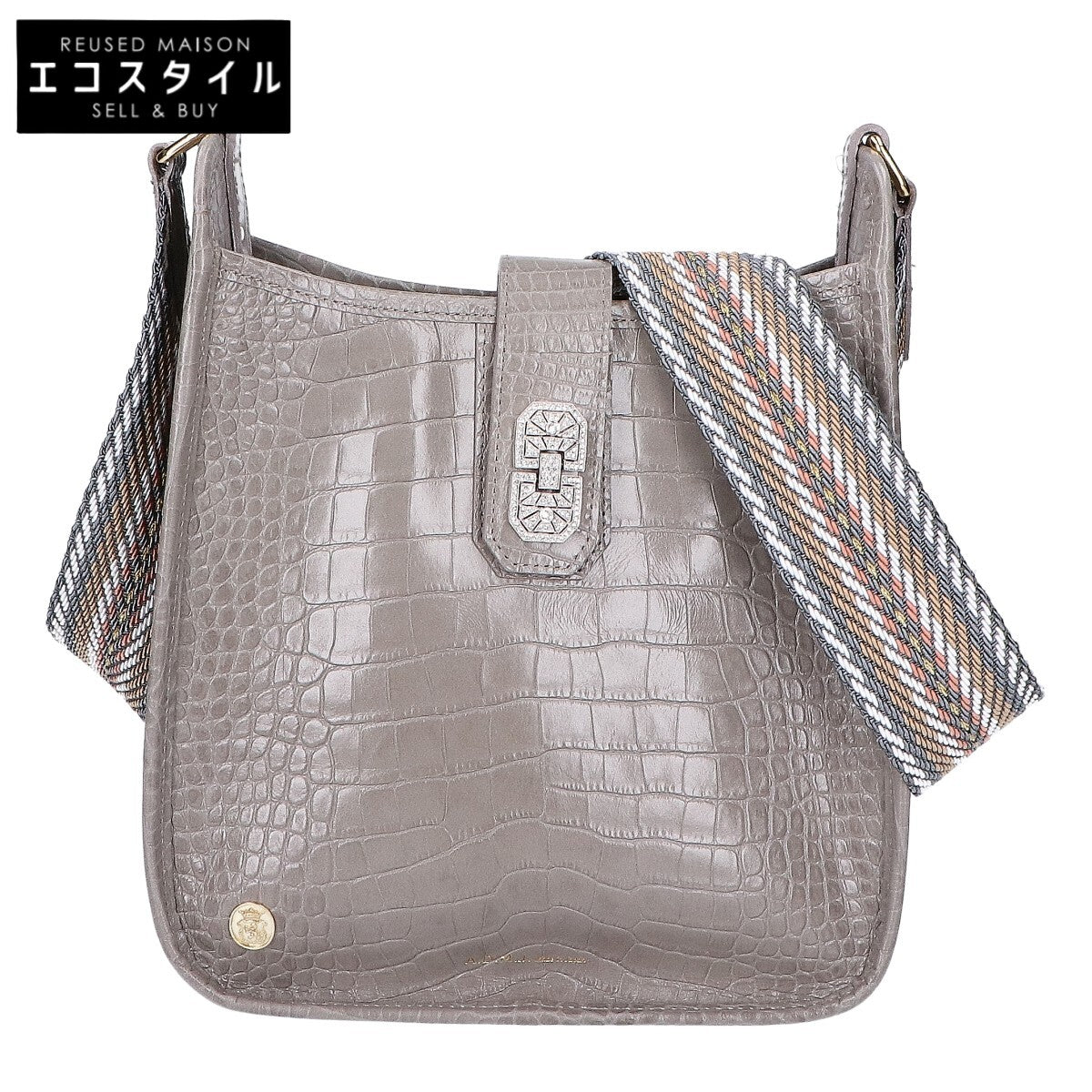 A.D.M.J. Accessoires De Mademoiselle ADMJ 【美品】クロコ型押しレザー アールデコモチーフ デイリー クロスボディ ショルダーバッグ