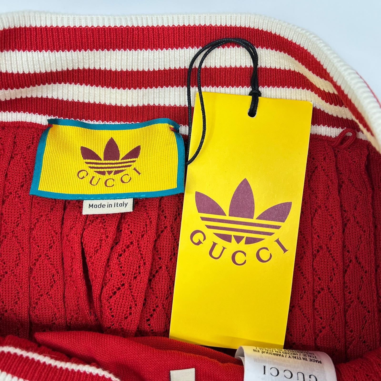 GUCCI グッチ ×アディダス 705767 XKCF8 レッド×ホワイト シルク混 3ストライプ レースプリーツニットワイドパンツ ボトムス