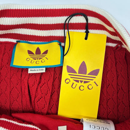 GUCCI グッチ ×アディダス 705767 XKCF8 レッド×ホワイト シルク混 3ストライプ レースプリーツニットワイドパンツ ボトムス