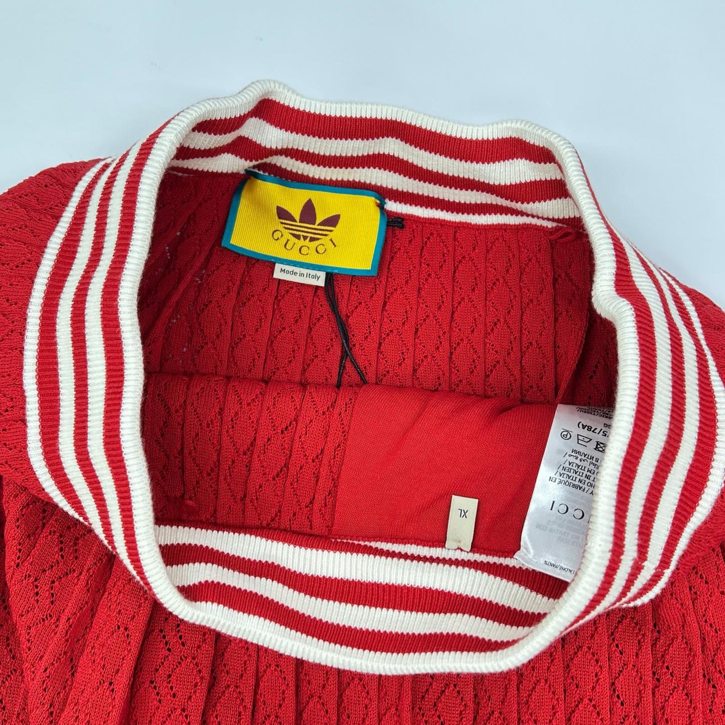 GUCCI グッチ ×アディダス 705767 XKCF8 レッド×ホワイト シルク混 3ストライプ レースプリーツニットワイドパンツ ボトムス