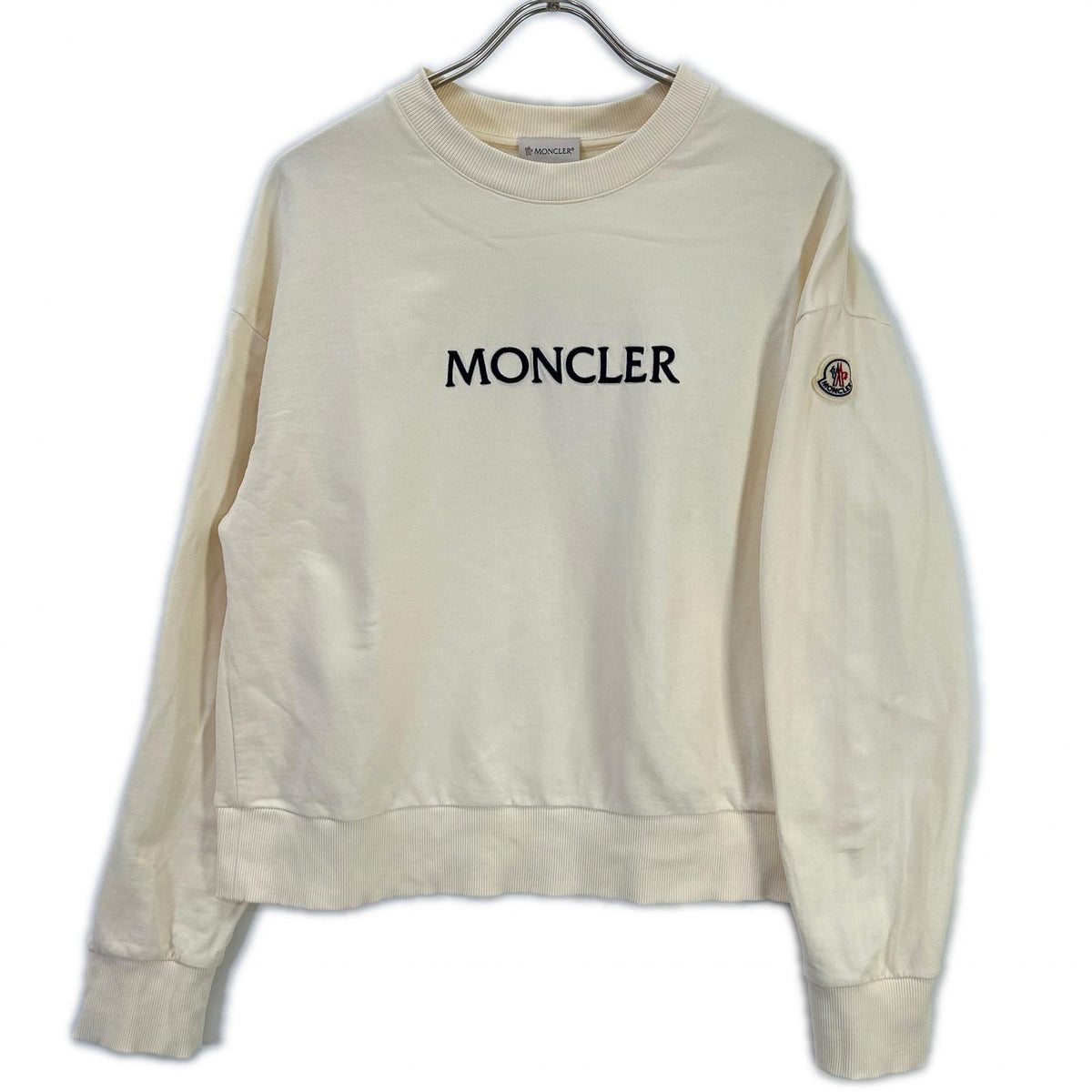 MONCLER モンクレール 25SS FELPA アイボリー×ネイビー コットン ロゴ刺繍 クルーネックスウェットプルオーバー トップス