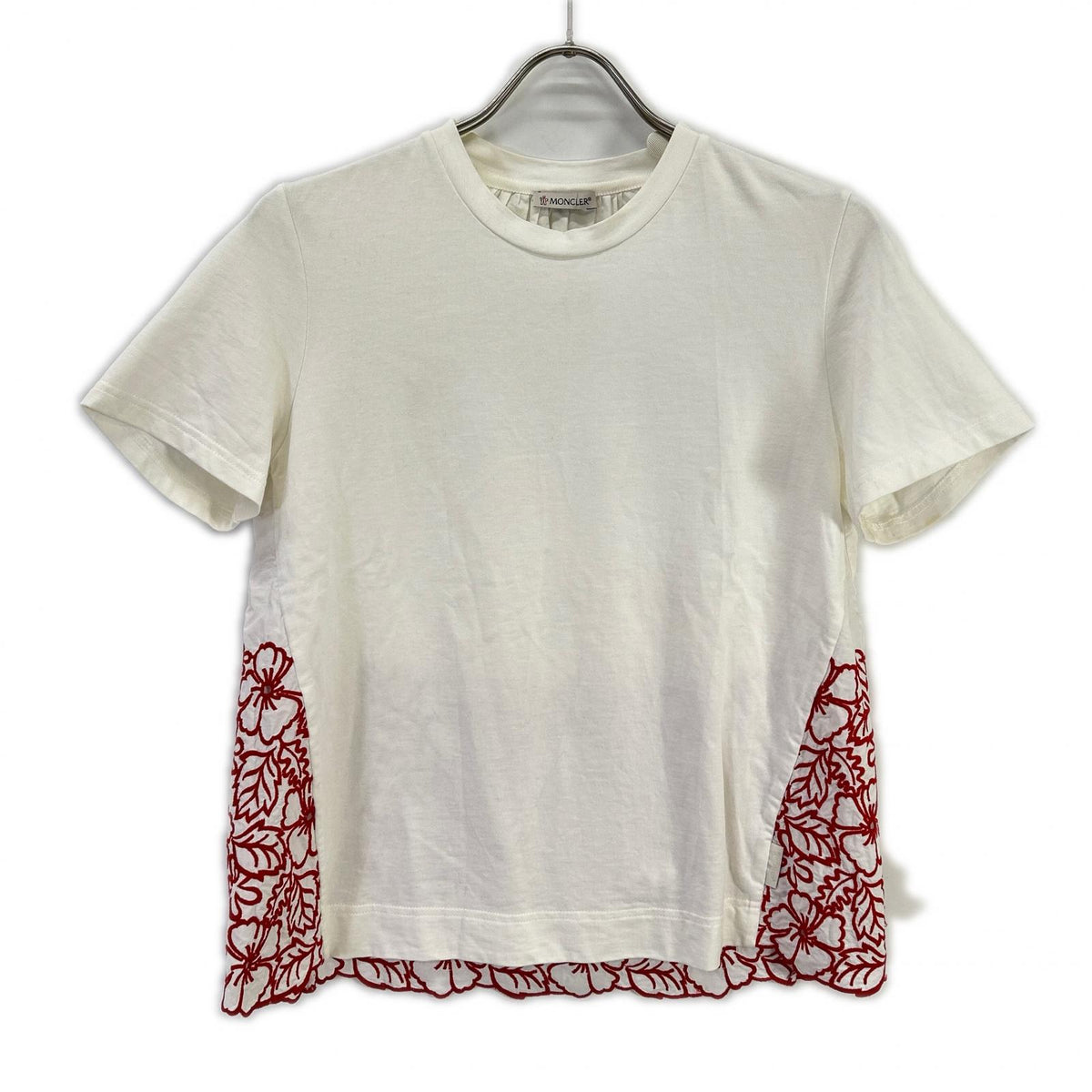 MONCLER モンクレール 17年製 MAGLIA ホワイト×レッド コットン フラワー刺繍 ショルダージップ ショートスリーブカットソー トップス