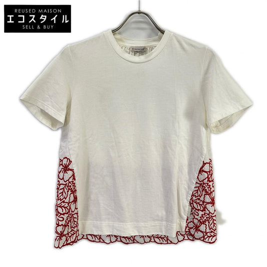 MONCLER モンクレール 17年製 MAGLIA ホワイト×レッド コットン フラワー刺繍 ショルダージップ ショートスリーブカットソー トップス