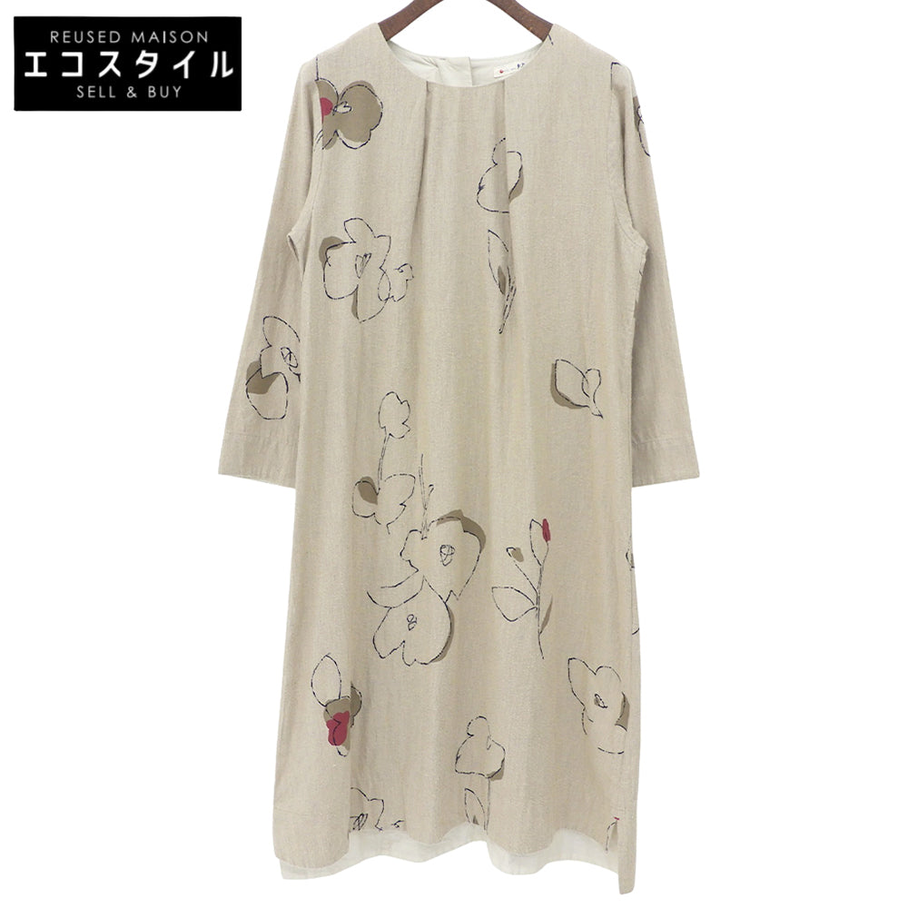 Pallas Palace パラスパレス コットン100% ボタニカルデザイン ノーカラー ロングスリーブ ワンピース レディース ベージュ 2 ワンピース