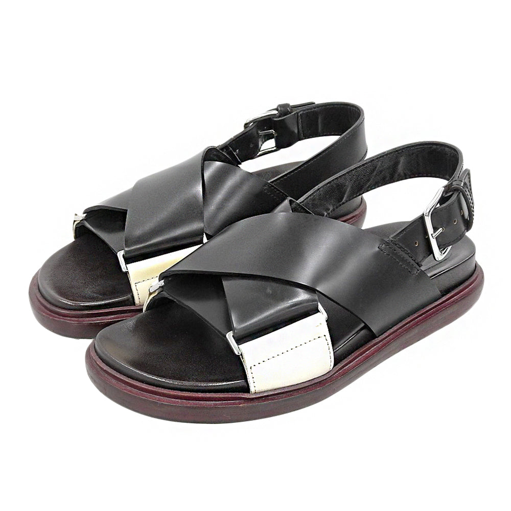 MARNI マルニ レザー クロスストラップ FUSSBETT SANDAL/フスベットサンダル シューズ レディース ブラック×ストーンホワイト 36 シューズ