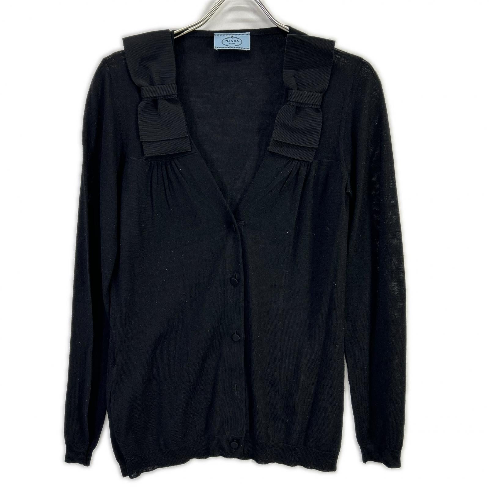 PRADA プラダ P25D83 ブラック ウールシルクニット リボン ロングスリーブカーディガン トップス