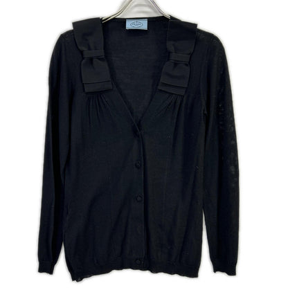 PRADA プラダ P25D83 ブラック ウールシルクニット リボン ロングスリーブカーディガン トップス