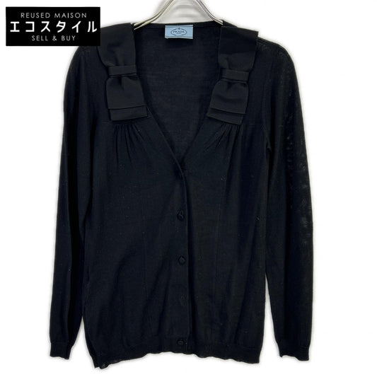 PRADA プラダ P25D83 ブラック ウールシルクニット リボン ロングスリーブカーディガン トップス