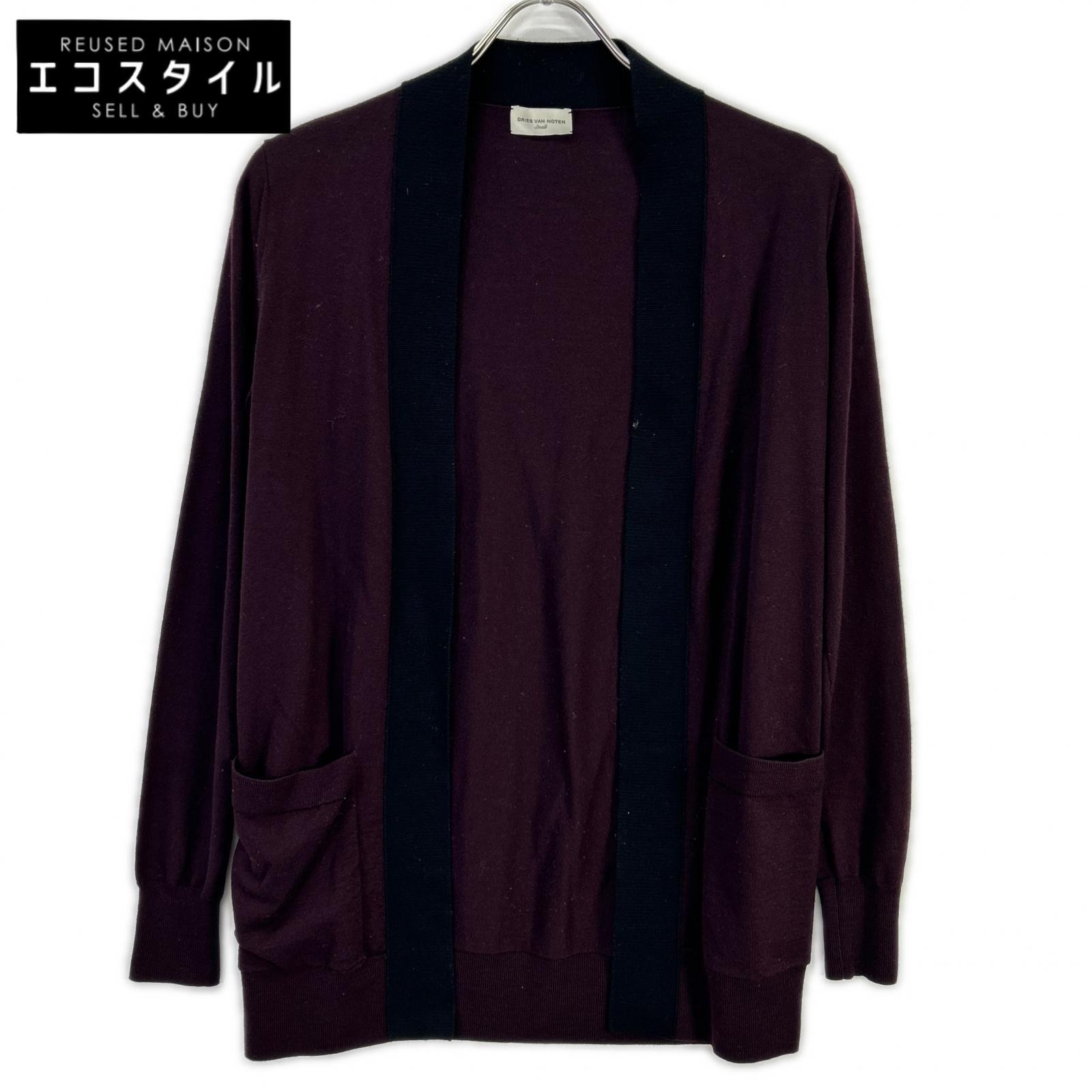 DRIES VAN NOTEN ドリスヴァンノッテン ボルドー×ブラック バイカラー ウール ロングスリーブニットカーディガン トップス