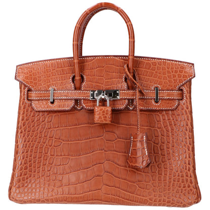 HERMES エルメス □L刻 ゴールド アリゲーターマット SV金具 バーキン25 ハンドバッグ ハンドバッグ