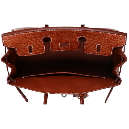 HERMES エルメス □L刻 ゴールド アリゲーターマット SV金具 バーキン25 ハンドバッグ ハンドバッグ