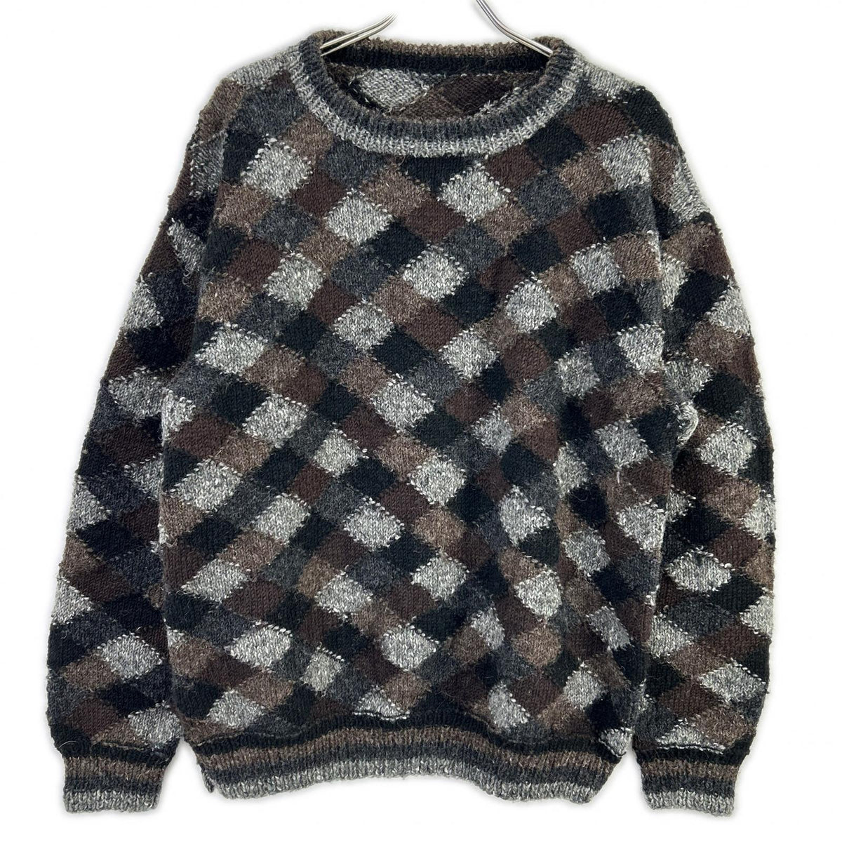 NONSAPIENS ノンサピエンス ブラウン×グレー ウール100 チェッククルーネックニット トップス