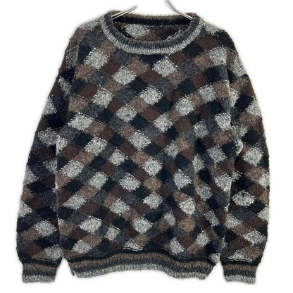 NONSAPIENS ノンサピエンス ブラウン×グレー ウール100 チェッククルーネックニット トップス