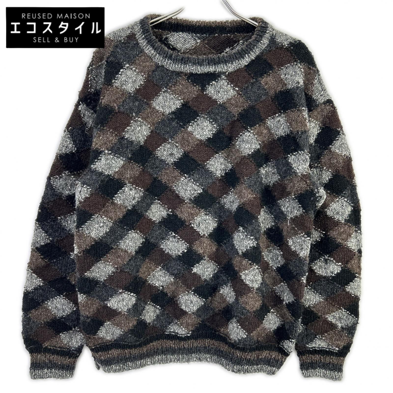 NONSAPIENS ノンサピエンス ブラウン×グレー ウール100 チェッククルーネックニット トップス