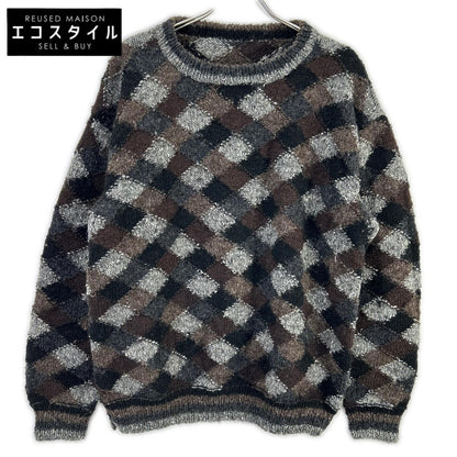 NONSAPIENS ノンサピエンス ブラウン×グレー ウール100 チェッククルーネックニット トップス
