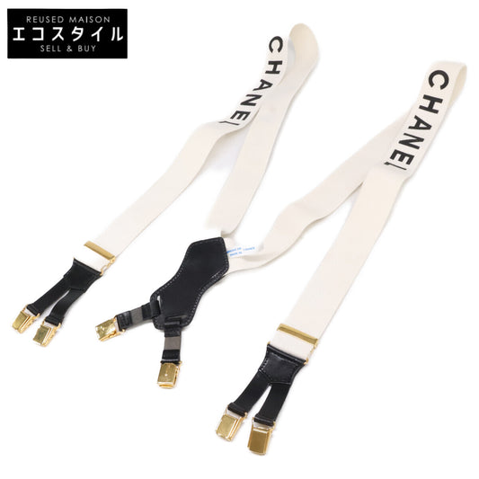 CHANEL シャネル 新品同様 97P レザー/ファブリック ロゴデザイン サスペンダー ベルト