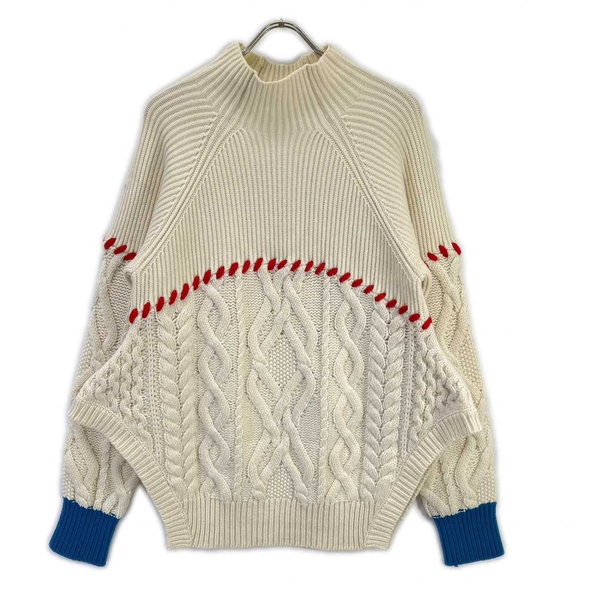 ENFOLD エンフォルド 300GS970-2280 アイボリー×レッド×ブルー ウール混 Rib×Cable Combi Pullover トップス