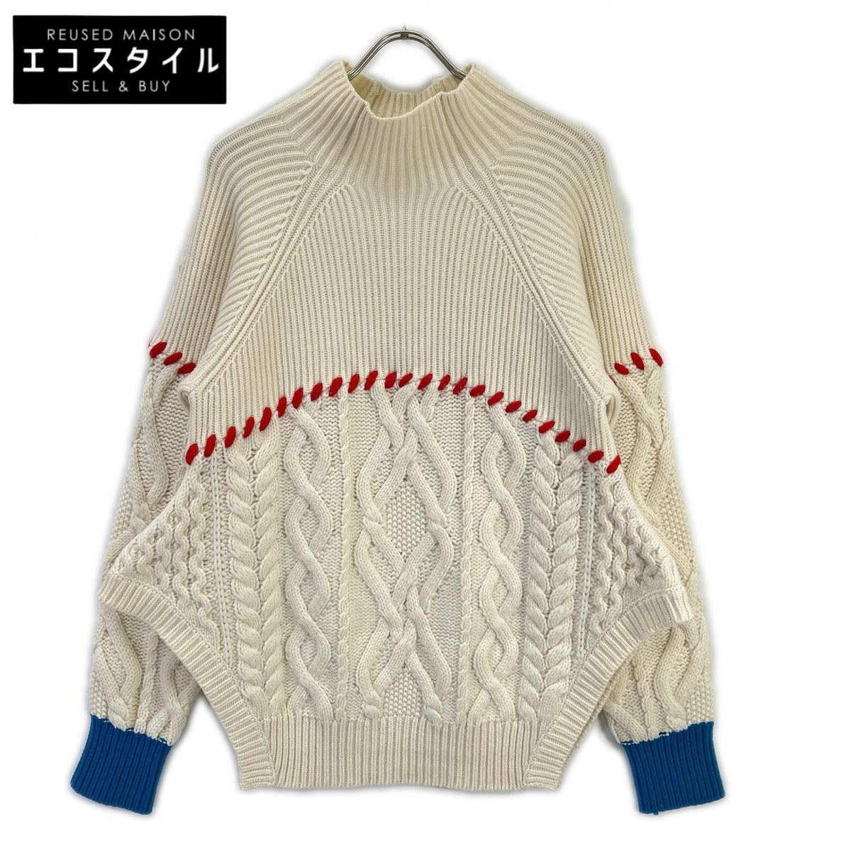 ENFOLD エンフォルド 300GS970-2280 アイボリー×レッド×ブルー ウール混 Rib×Cable Combi Pullover トップス