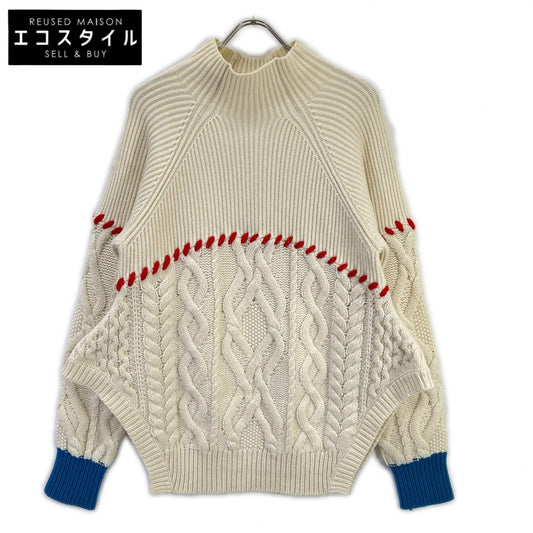 ENFOLD エンフォルド 300GS970-2280 アイボリー×レッド×ブルー ウール混 Rib×Cable Combi Pullover トップス