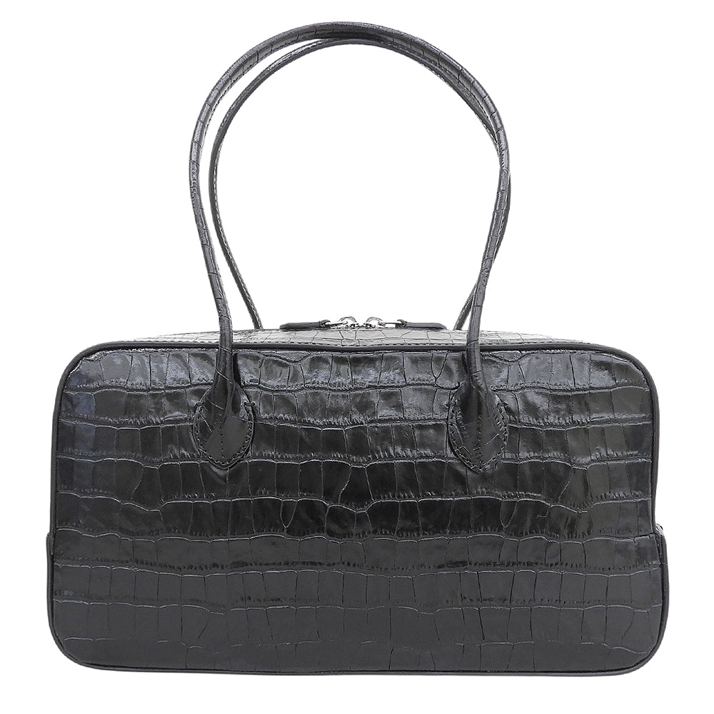MAISON CANAU メゾンカナウ 美品 CROCO EW クロコ型押し BOX-BOSTON（M） ボックスボストンハンドバッグ レディース ブラック MCLH3DB493 ハンドバッグ