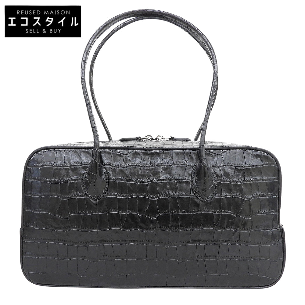 MAISON CANAU メゾンカナウ 美品 CROCO EW クロコ型押し BOX-BOSTON（M） ボックスボストンハンドバッグ レディース ブラック MCLH3DB493 ハンドバッグ