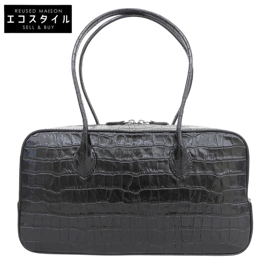 MAISON CANAU メゾンカナウ 美品 CROCO EW クロコ型押し BOX-BOSTON（M） ボックスボストンハンドバッグ レディース ブラック MCLH3DB493 ハンドバッグ