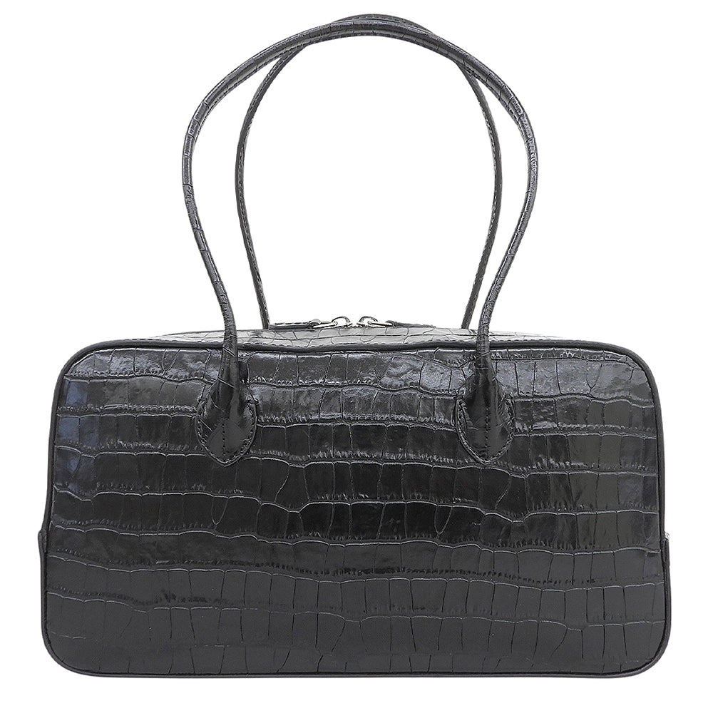 MAISON CANAU メゾンカナウ 美品 CROCO EW クロコ型押し BOX-BOSTON（M） ボックスボストンハンドバッグ レディース ブラック MCLH3DB493 ハンドバッグ