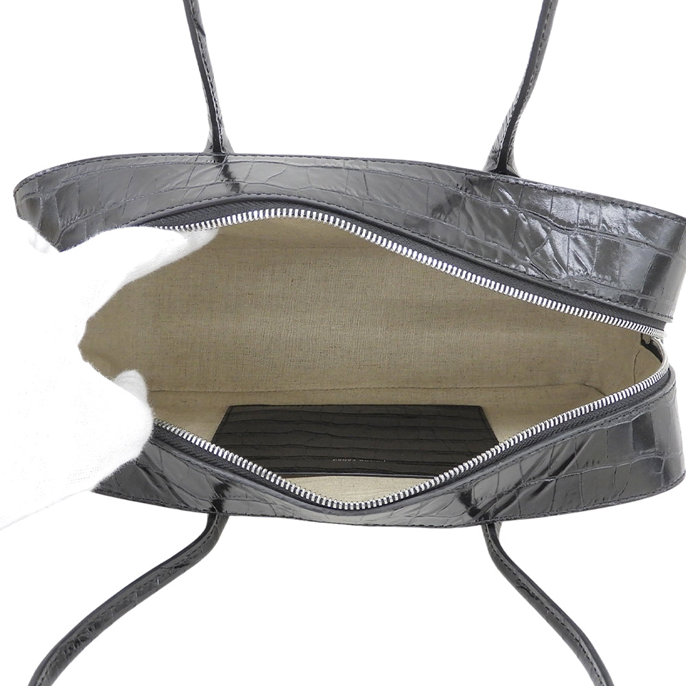 MAISON CANAU メゾンカナウ 美品 CROCO EW クロコ型押し BOX-BOSTON（M） ボックスボストンハンドバッグ レディース ブラック MCLH3DB493 ハンドバッグ