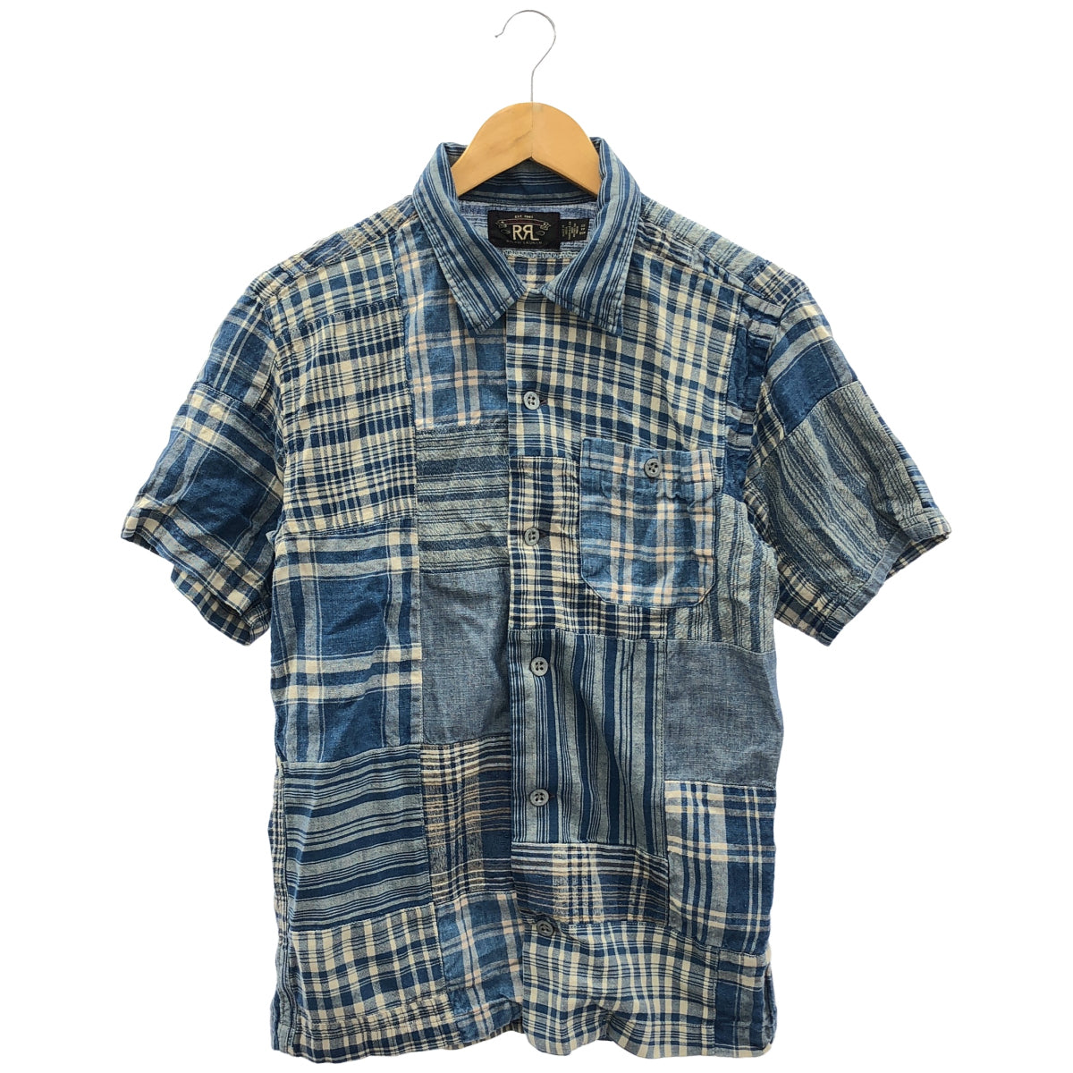 RRL ダブルアールエル 782959642001 インディゴ コットン×リネン チェック/ストライプショートスリーブ パッチワークキャンプカラーシャツ トップス