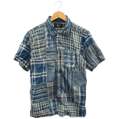 RRL ダブルアールエル 782959642001 インディゴ コットン×リネン チェック/ストライプショートスリーブ パッチワークキャンプカラーシャツ トップス