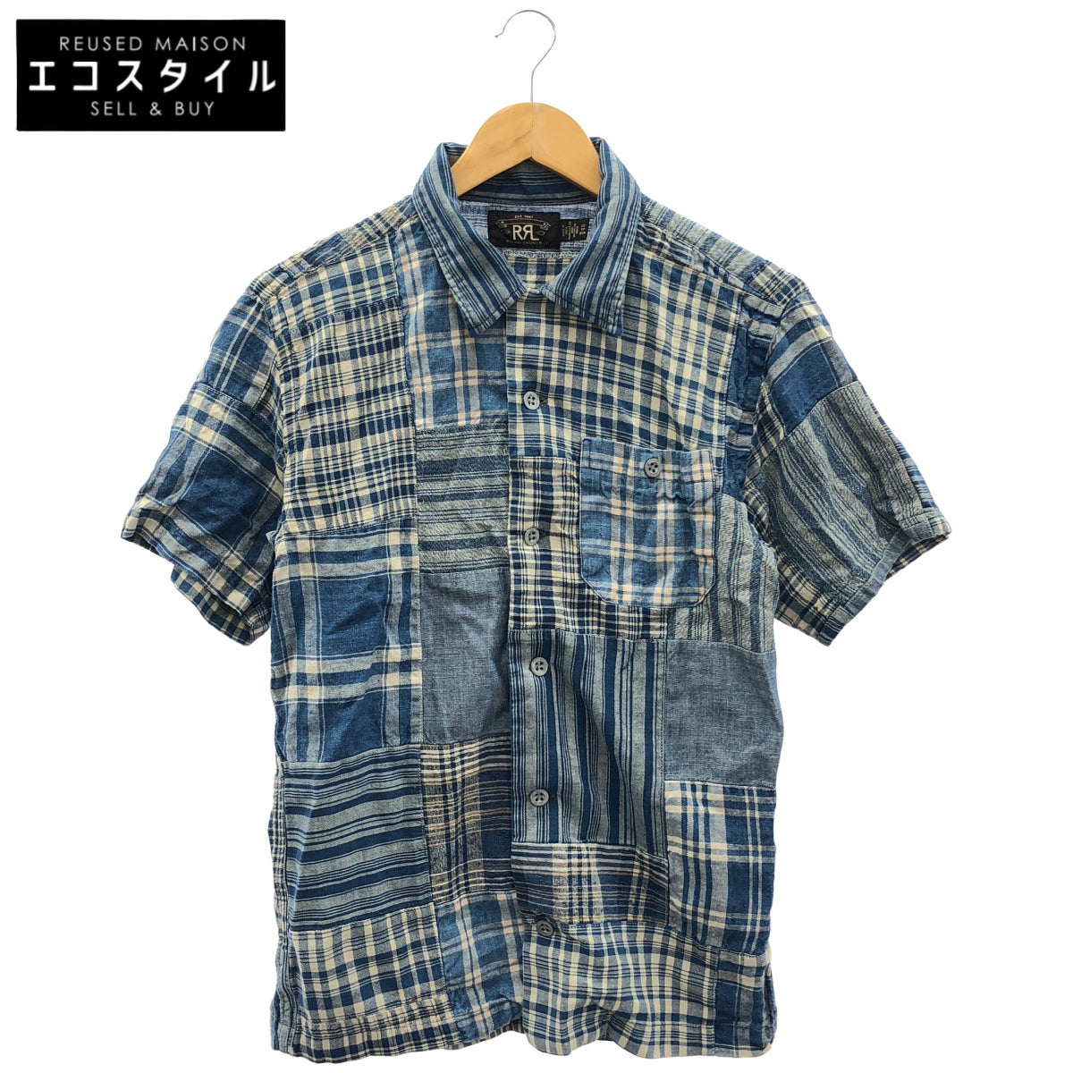 RRL ダブルアールエル 782959642001 インディゴ コットン×リネン チェック/ストライプショートスリーブ パッチワークキャンプカラーシャツ トップス