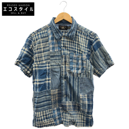 RRL ダブルアールエル 782959642001 インディゴ コットン×リネン チェック/ストライプショートスリーブ パッチワークキャンプカラーシャツ トップス