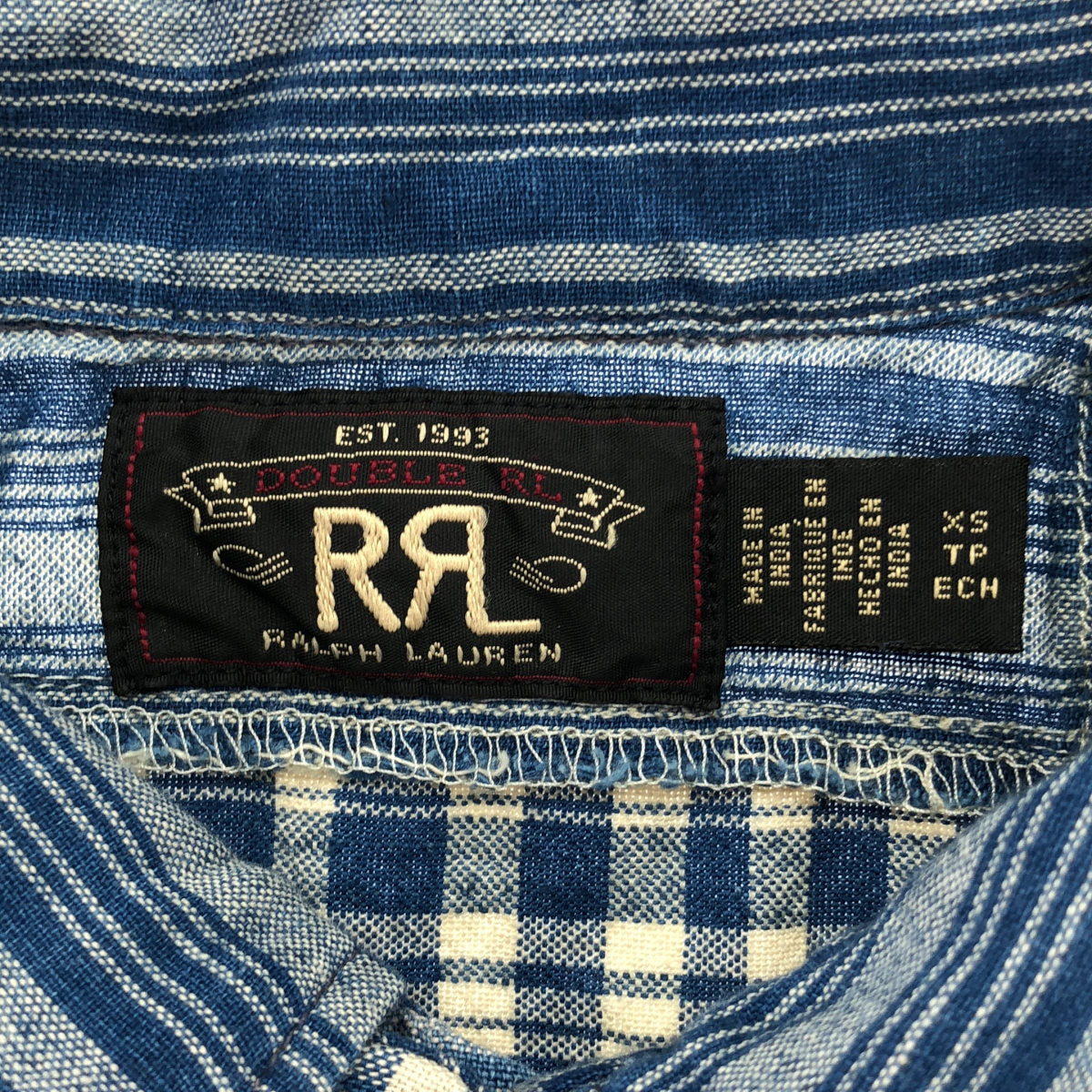RRL ダブルアールエル 782959642001 インディゴ コットン×リネン チェック/ストライプショートスリーブ パッチワークキャンプカラーシャツ トップス