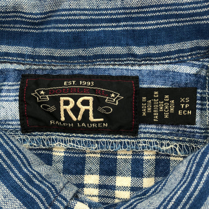 RRL ダブルアールエル 782959642001 インディゴ コットン×リネン チェック/ストライプショートスリーブ パッチワークキャンプカラーシャツ トップス
