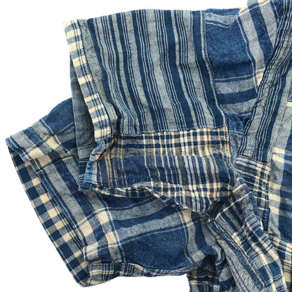 RRL ダブルアールエル 782959642001 インディゴ コットン×リネン チェック/ストライプショートスリーブ パッチワークキャンプカラーシャツ トップス
