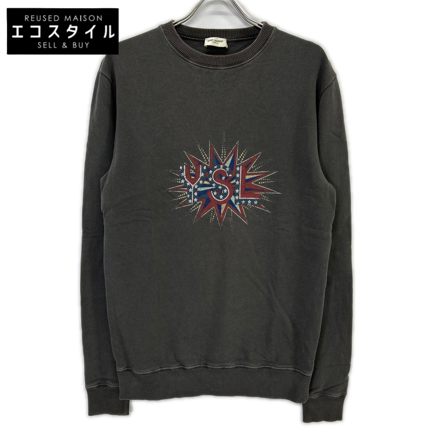 SAINT LAURENT PARIS サンローランパリ 569259 YBHA2 フェードグレー コットン YSLロゴプリント クルーネック スウェットプルオーバー トップス