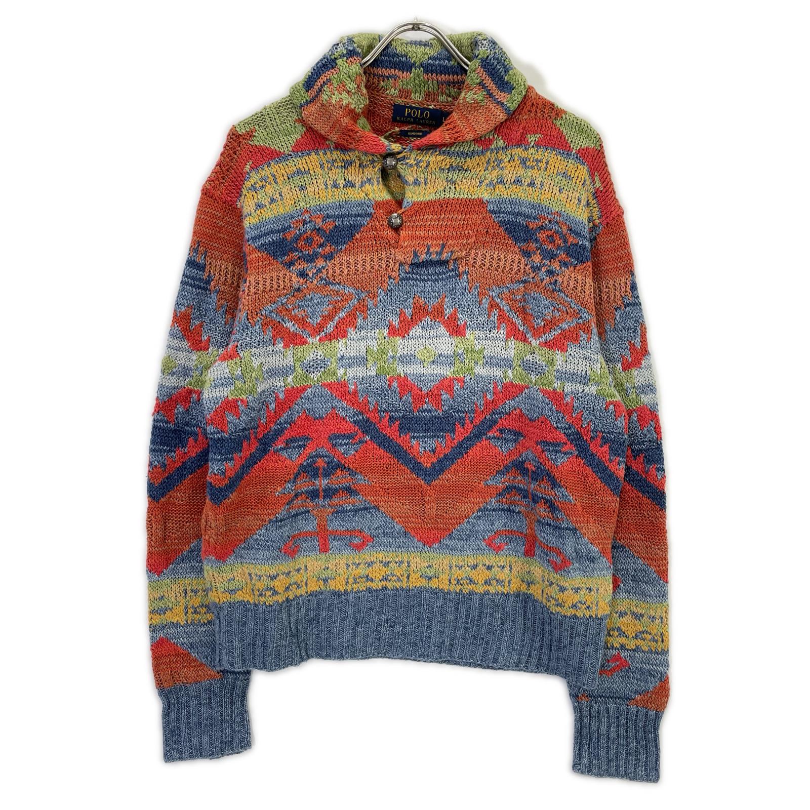 POLObyRalphLauren ポロラルフローレン マルチカラー ネイティブ柄 コンチョボタン HAND KNIT ショールカラー プルオーバーニット トップス