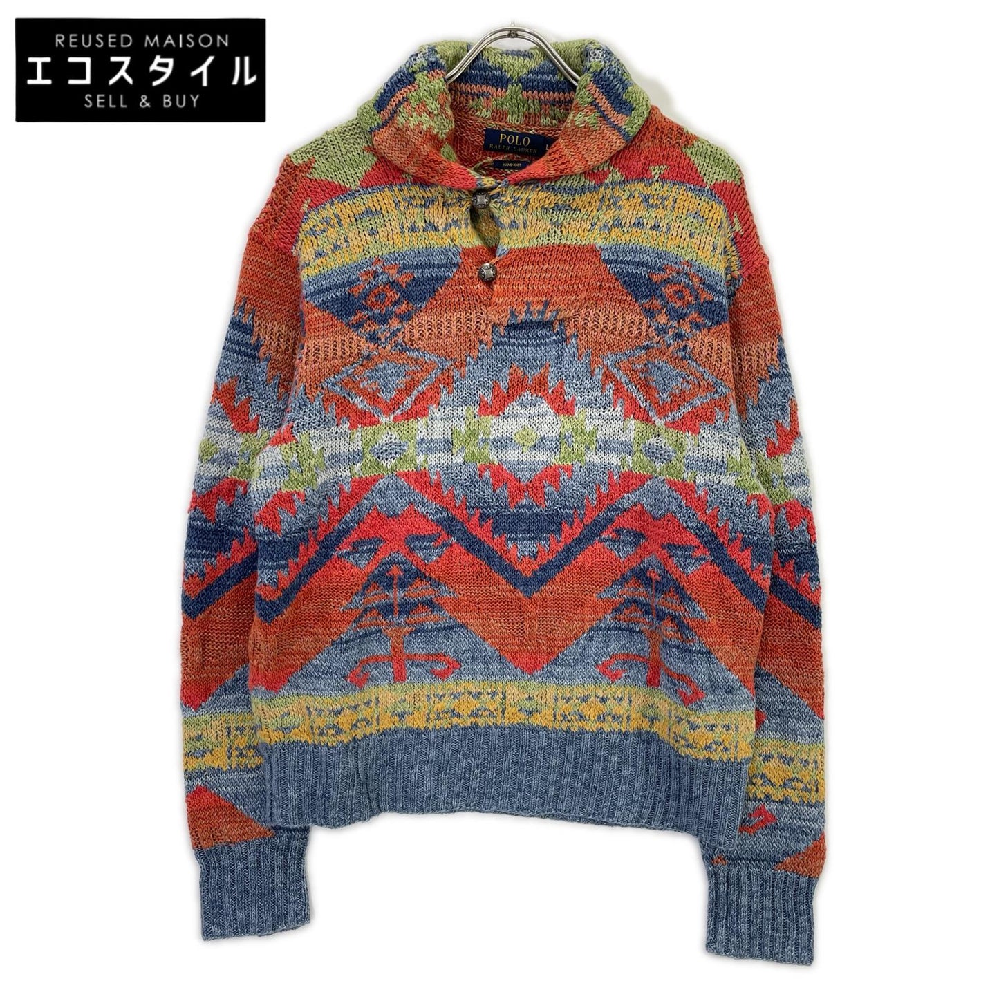 POLObyRalphLauren ポロラルフローレン マルチカラー ネイティブ柄 コンチョボタン HAND KNIT ショールカラー プルオーバーニット トップス
