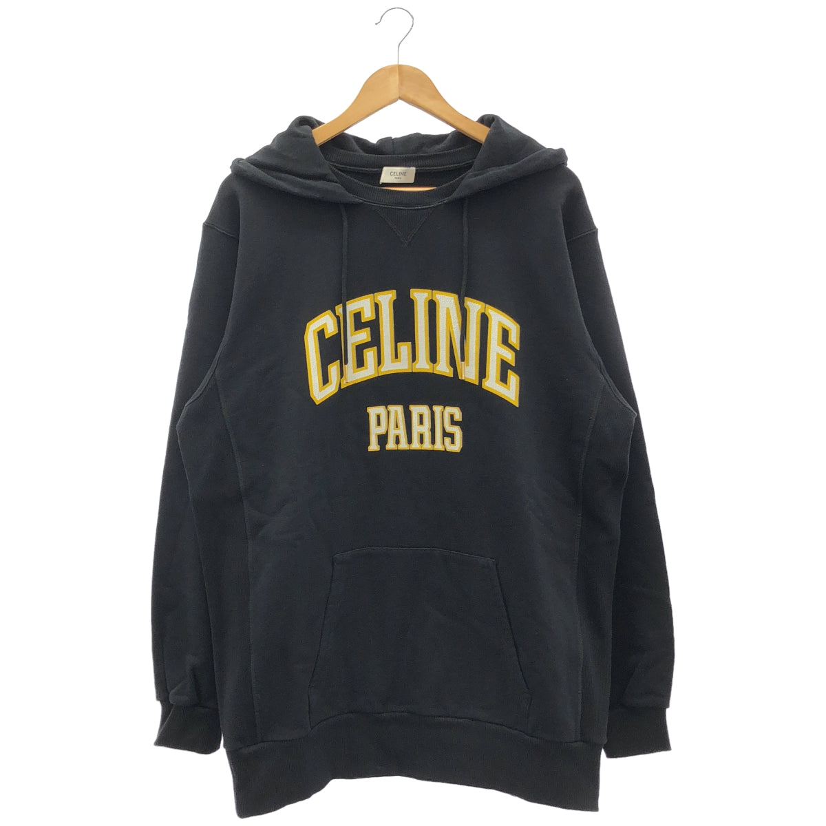 CELINE セリーヌ エディ期 2Y70F670Q.38WL ブラック×イエロー コットン フロントロゴ オーバーサイズプルオーバーパーカー/スウェットフーディ トップス
