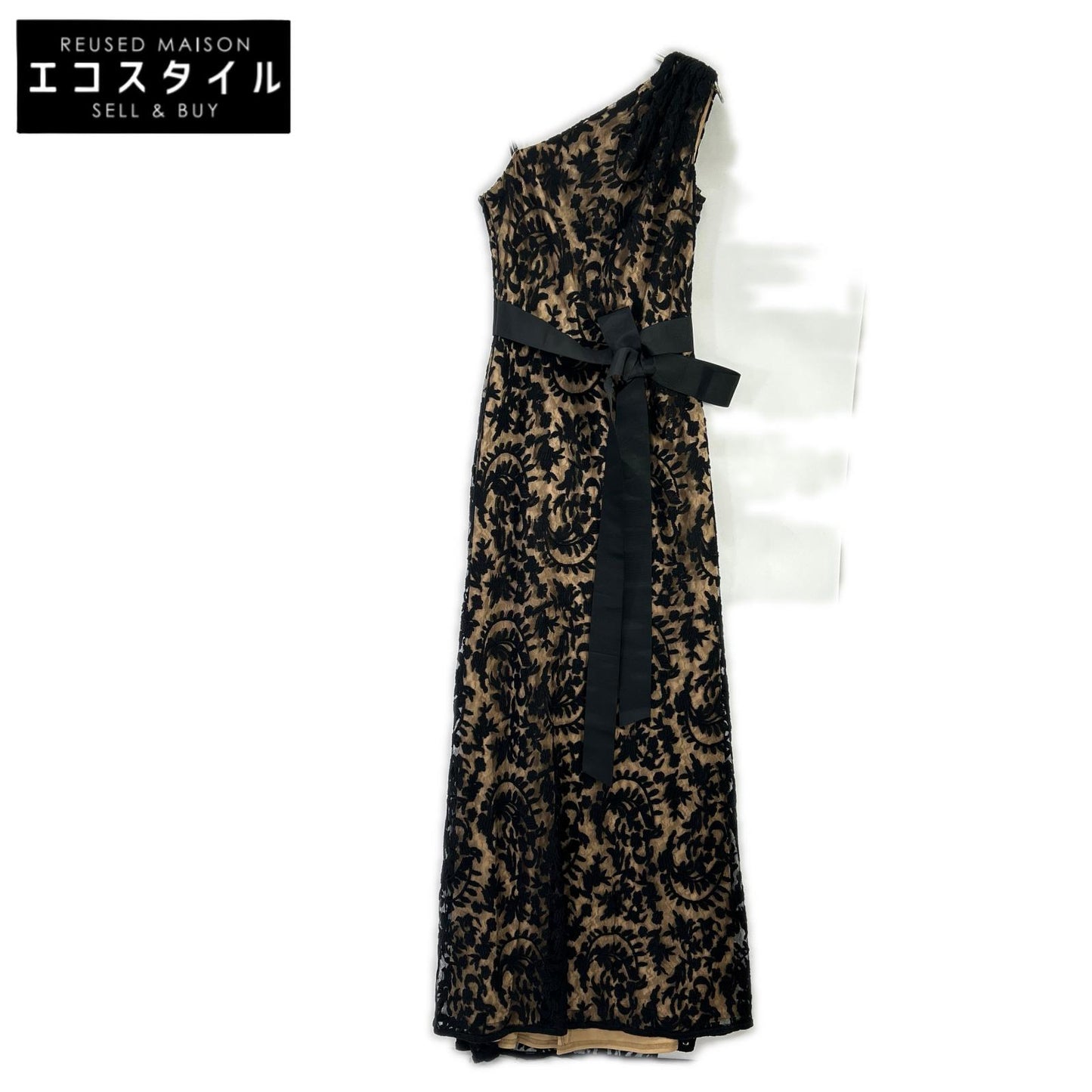 TADASHI SHOJI タダシショージ 3E216L アイボリー ワンショルダー ブラック刺繍レース リボンベルトワンピース ワンピース