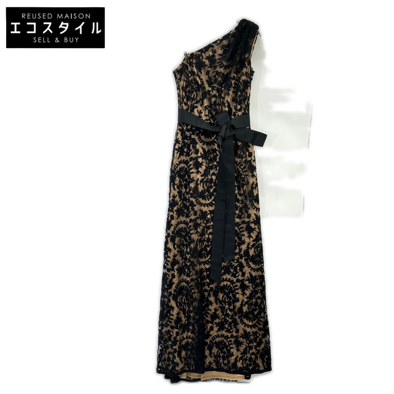 TADASHI SHOJI タダシショージ 3E216L アイボリー ワンショルダー ブラック刺繍レース リボンベルトワンピース ワンピース