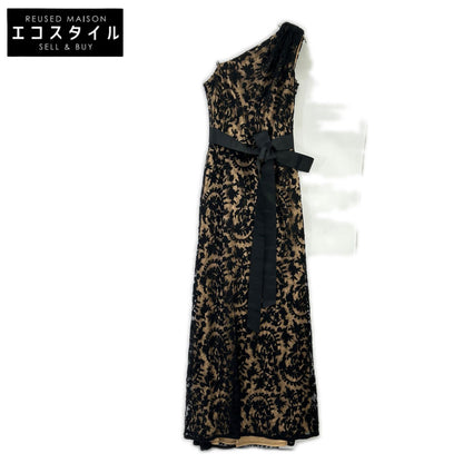TADASHI SHOJI タダシショージ 3E216L アイボリー ワンショルダー ブラック刺繍レース リボンベルトワンピース ワンピース