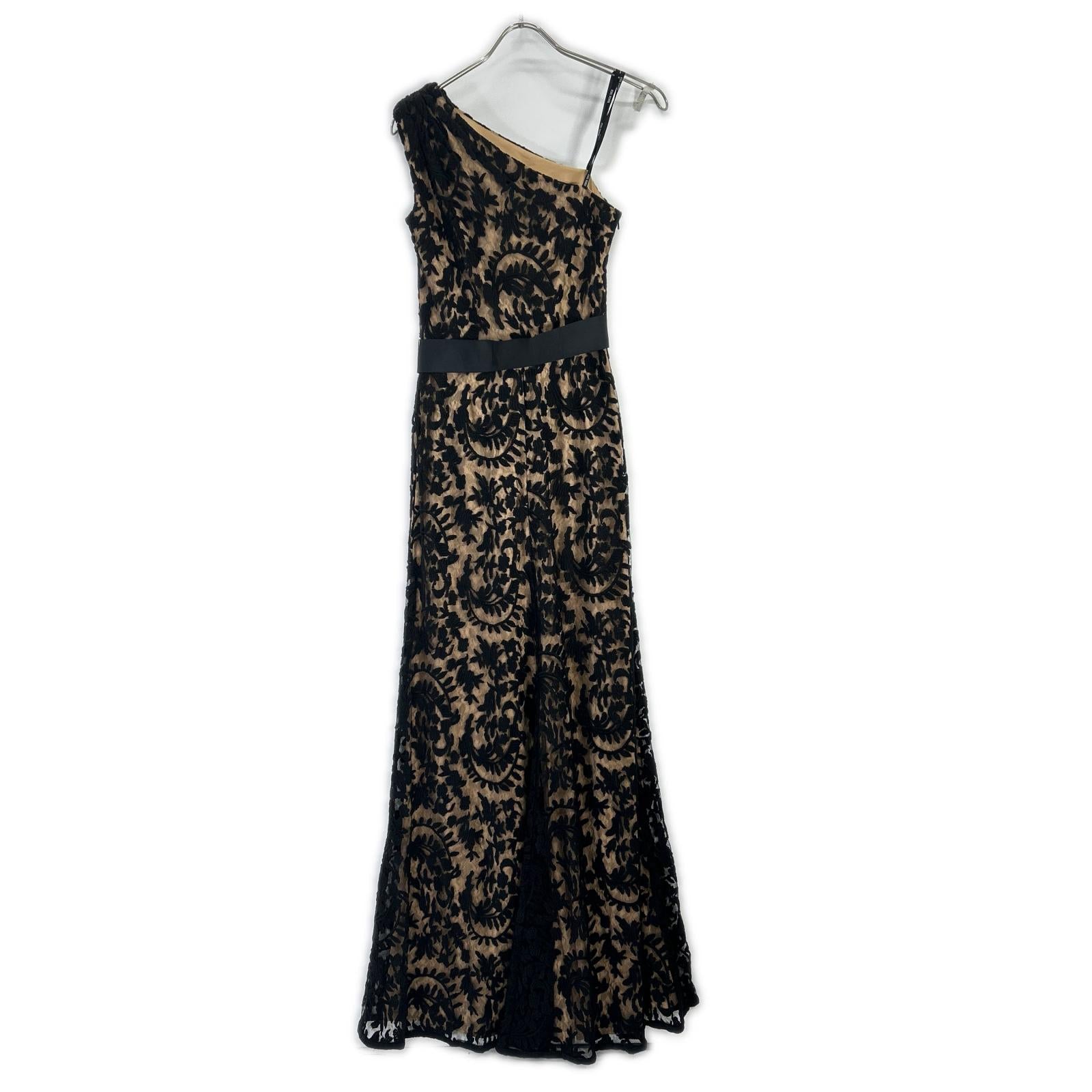 TADASHI SHOJI タダシショージ 3E216L アイボリー ワンショルダー ブラック刺繍レース リボンベルトワンピース ワンピース