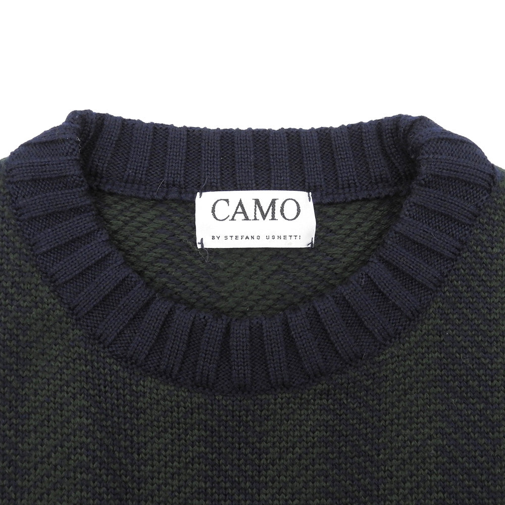 CAMO カモ ヘリンボーンウール プルオーバーニット トップス メンズ グリーン×ネイビー M トップス