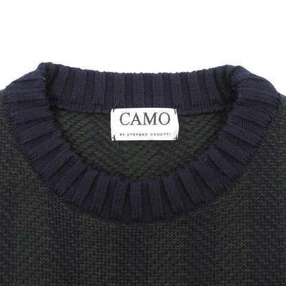 CAMO カモ ヘリンボーンウール プルオーバーニット トップス メンズ グリーン×ネイビー M トップス