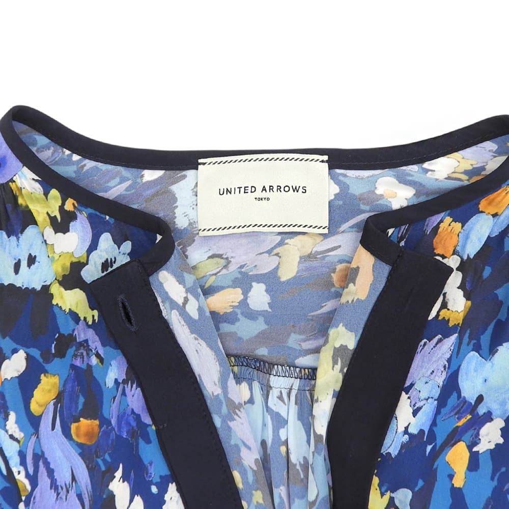 UNITED ARROWS ユナイテッドアローズ 美品 フラワーペイント ギャザー フレンチスリーブ ワンピース レディース ブルー ワンピース